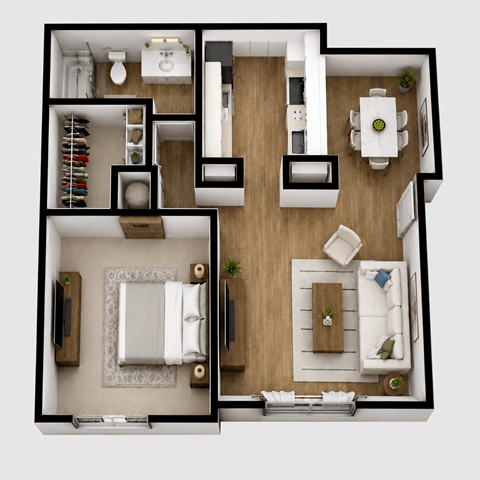 Floor plan for 1 bed, 1 bath, 660 sqft
